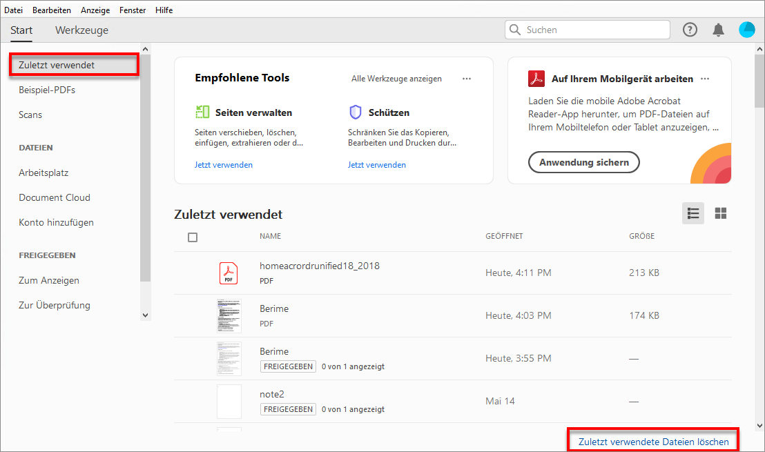 Liste zuletzt verwendeter Dateien leeren