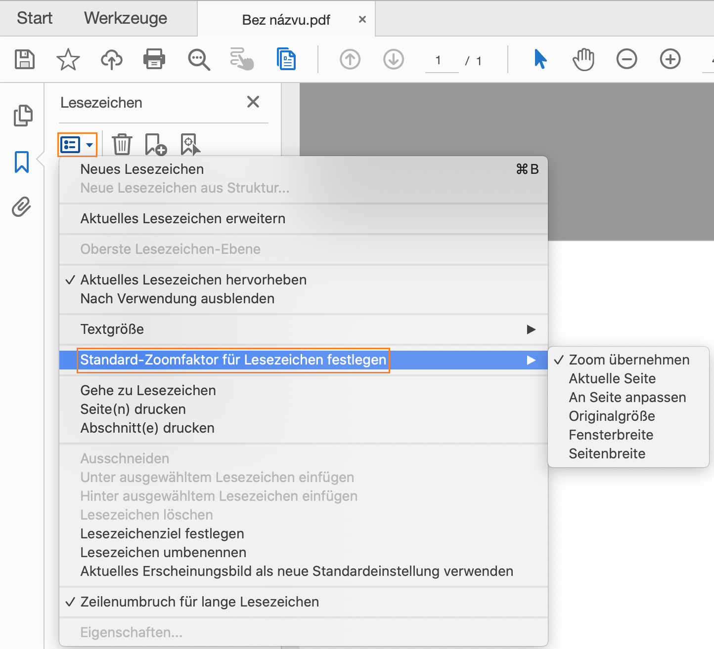 Standard-Zoomfaktor für Lesezeichen festlegen Standard-Zoomfaktor für Lesezeichen festlegen