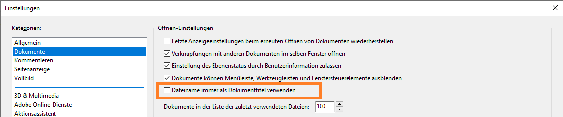 Voreinstellung zur Verwendung des Dateinamens als Dokumenttitel Voreinstellung zur Verwendung des Dateinamens als Dokumenttitel