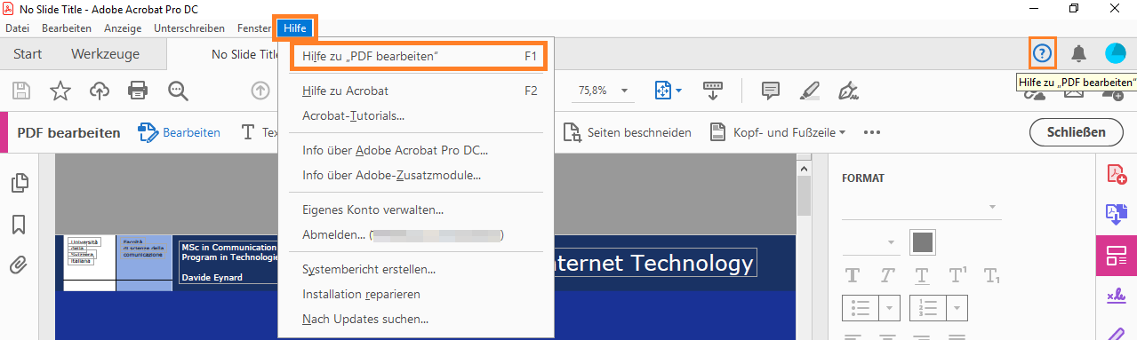 Klicken Sie auf „Hilfe“, um die kontextbezogene Hilfe anzuzeigen Klicken Sie auf „Hilfe“, um die kontextbezogene Hilfe anzuzeigen
