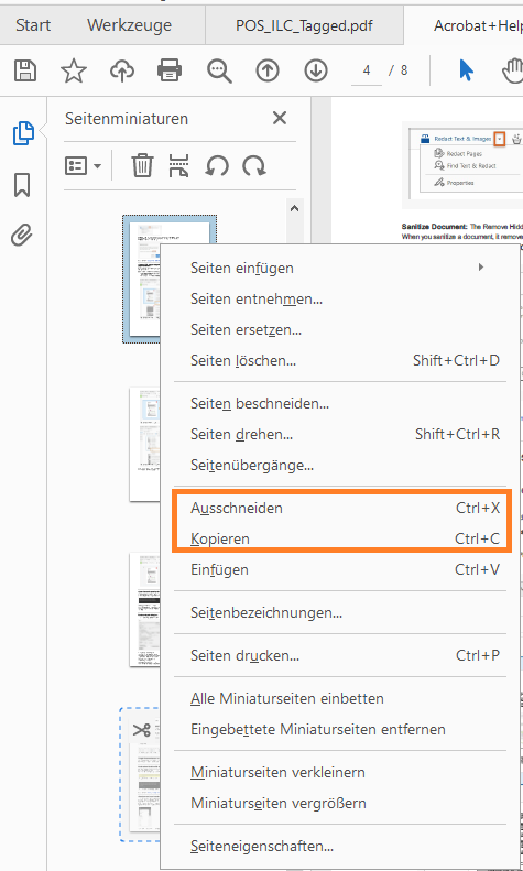 Ausschneiden, Kopieren aus dem Kontextmenü für Seitenminiaturansichten Ausschneiden, Kopieren aus dem Kontextmenü für Seitenminiaturansichten