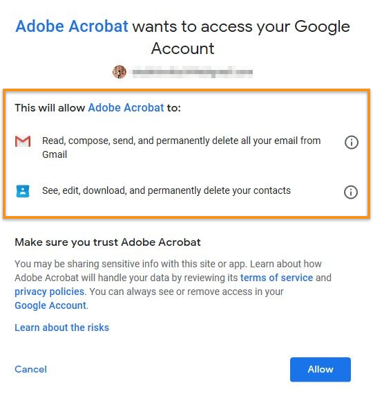 Von Acrobat benötigte Berechtigungen zum Hinzufügen eines Gmail-Kontos Von Acrobat benötigte Berechtigungen zum Hinzufügen eines Gmail-Kontos