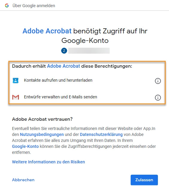Von Acrobat benötigte Berechtigungen zum Hinzufügen eines Gmail-Kontos Von Acrobat benötigte Berechtigungen zum Hinzufügen eines Gmail-Kontos