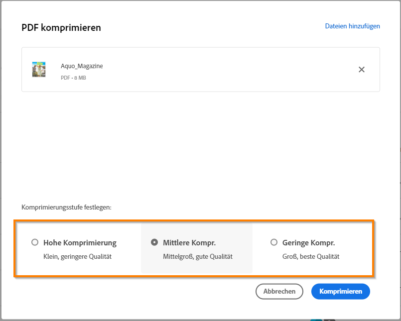 Auswählen der Komprimierungsstufen