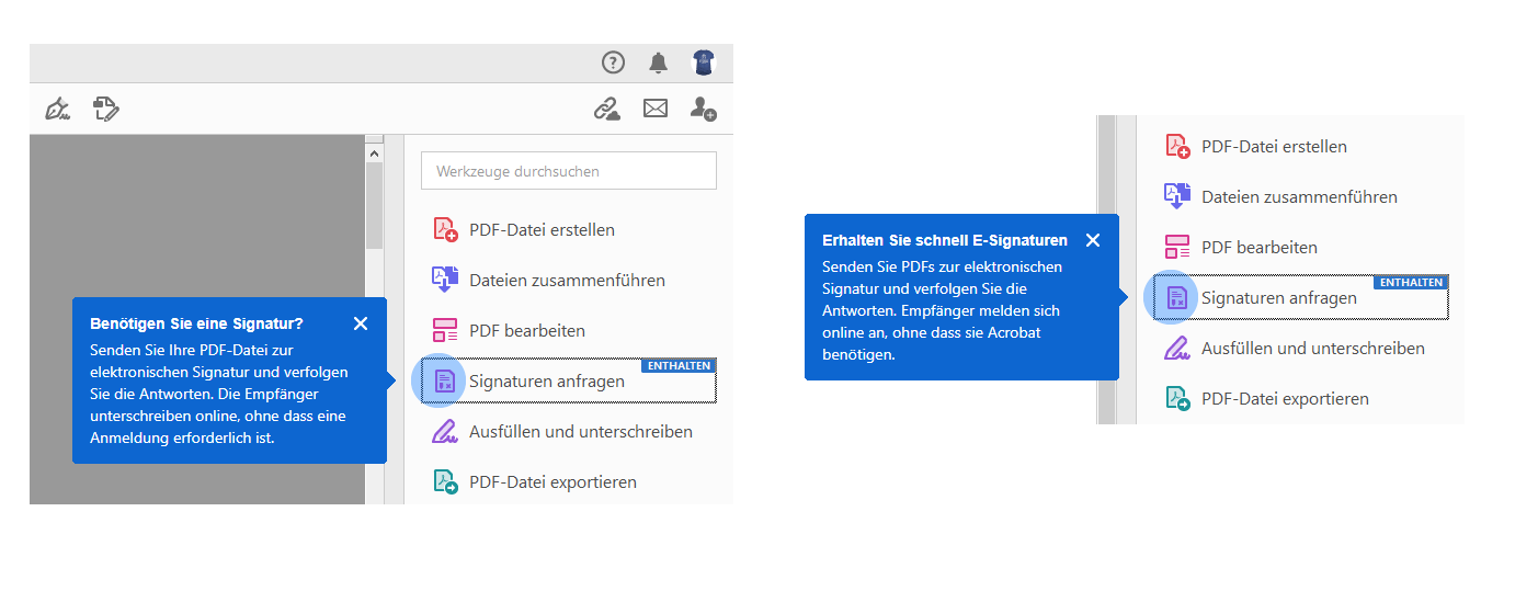 Kontextbezogene Tipps für das Signieren