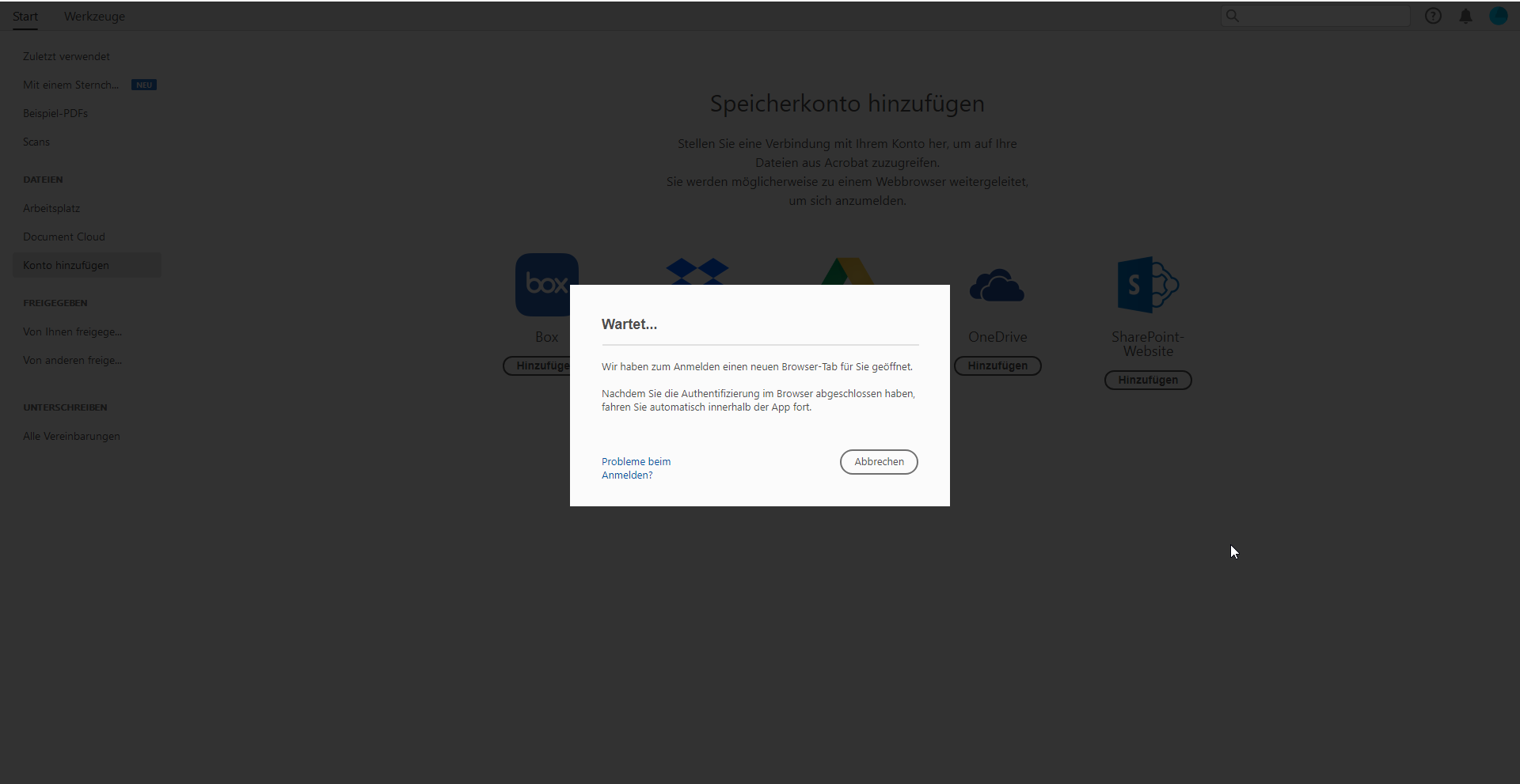 Eine Eingabeaufforderung, die Sie durch den Anmeldevorgang führt