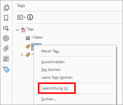 Zugang zum Werkzeug „Leserichtung“ über die Tag-Struktur