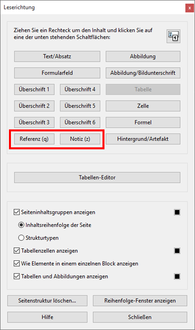 Referenzen und Notizen im Werkzeug „Leserichtung“