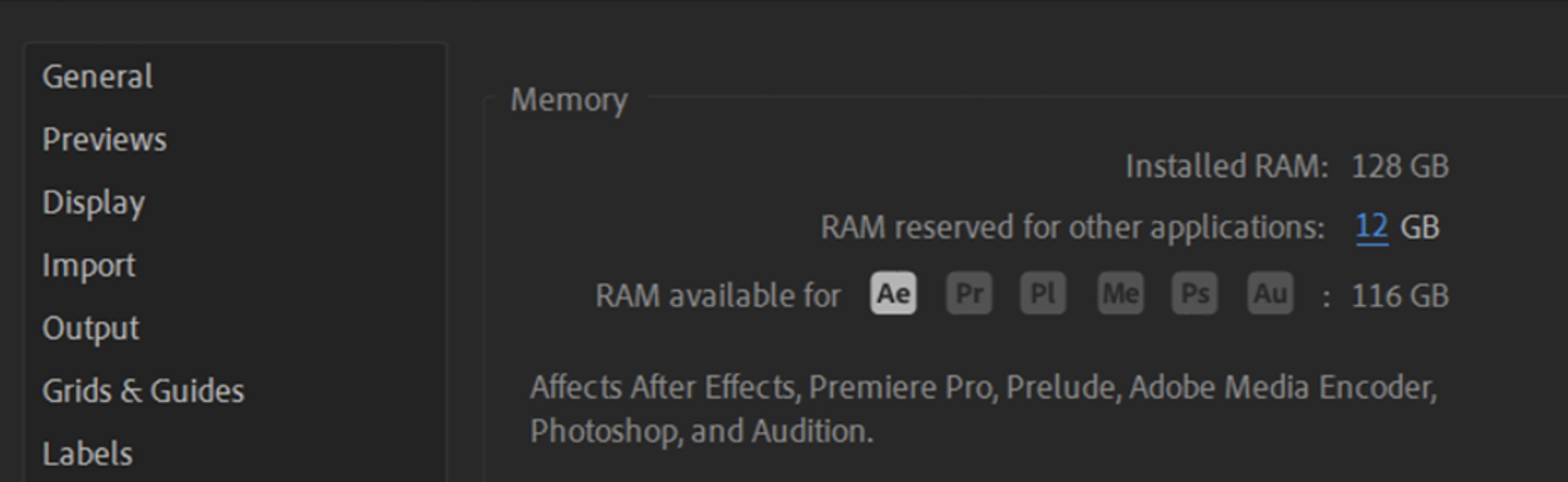 Die Einstellung „Voreinstellungen“ > „Speicher“ in After Effects