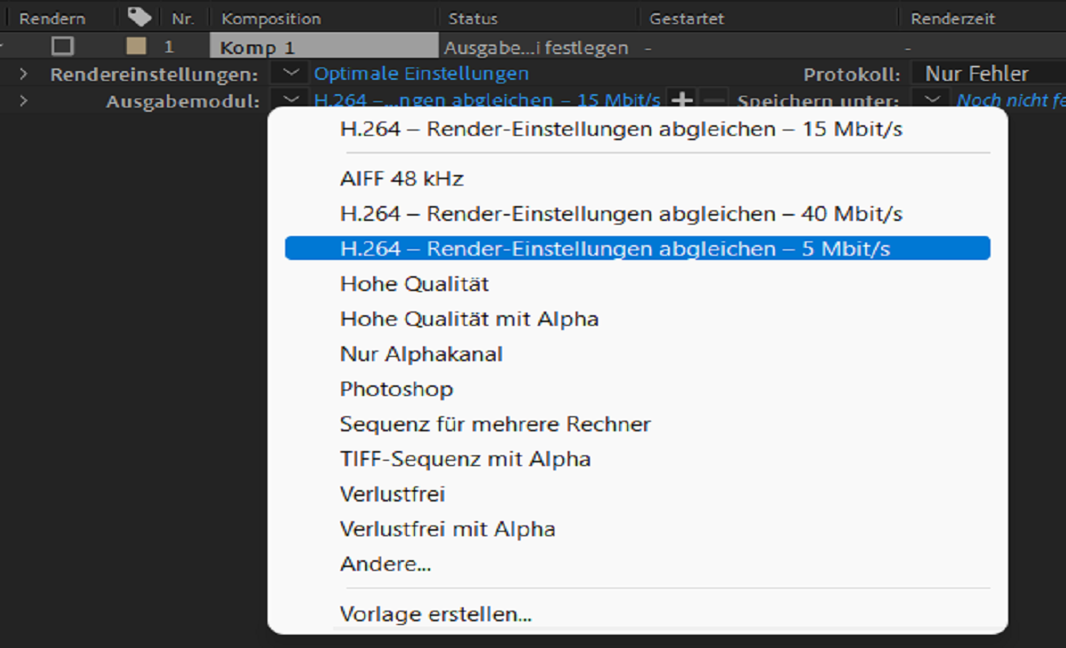 Direktes Rendern von H.264-Dateien aus der After Effects-Renderwarteschlange