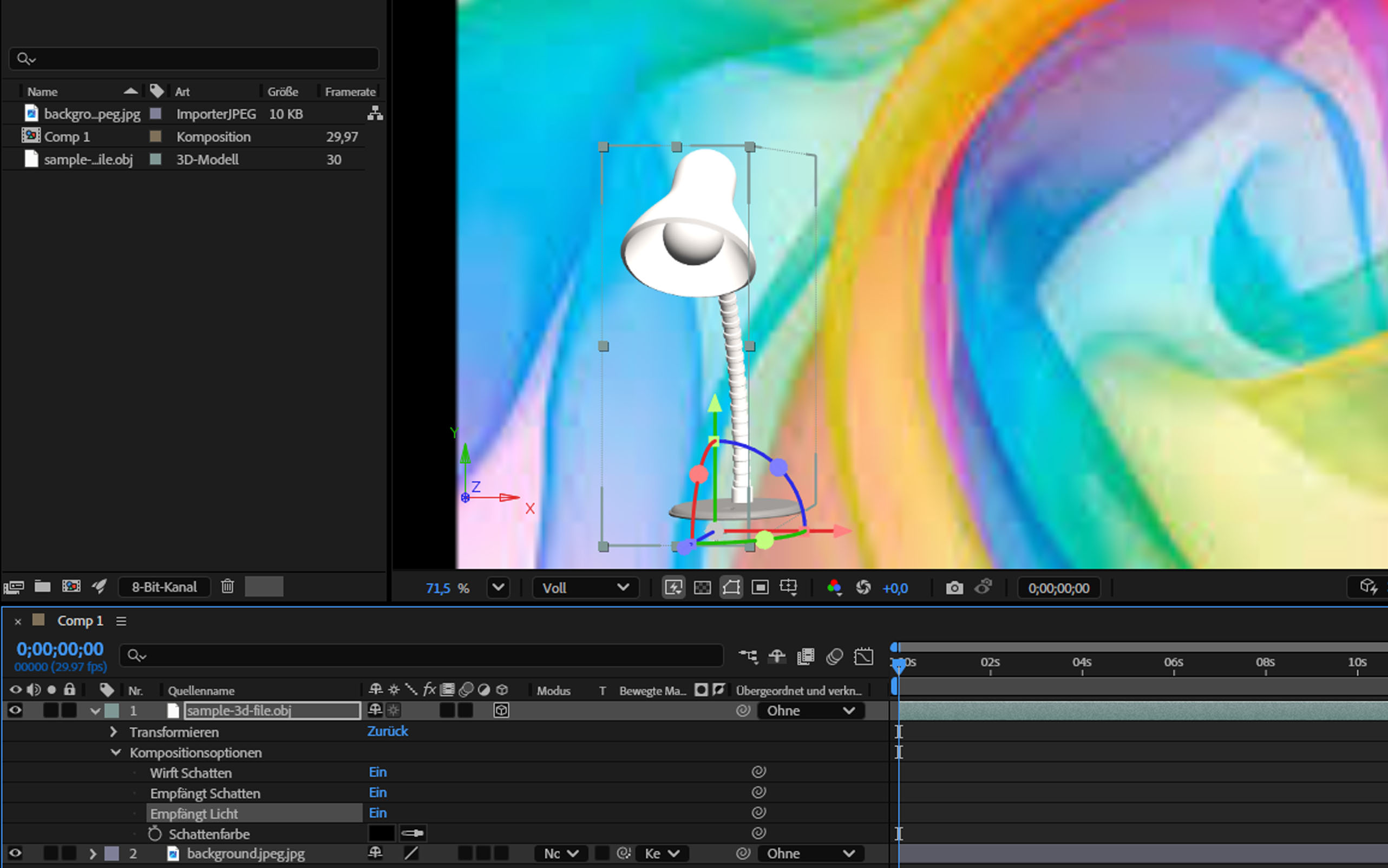 Die Option „Empfängt Licht“ der ausgewählten 3D-Ebene ist aktiviert. Infolgedessen wird die leuchtende Lampe durch das Umgebungslicht in der Komposition beeinflusst.