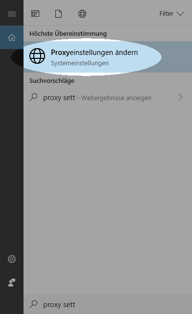 Gib „Änderung von Proxy-Einstellungen“ in das Suchfeld ein Konfigurieren des Proxys unter Windows 10 für die Verwendung mit Bibliotheken – Schritt 1