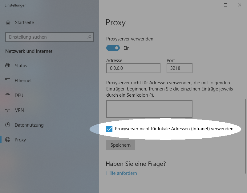 Verwende keine Proxy-Server für die Option „Lokale Adressen (Intranet)“ Konfigurieren des Proxys unter Windows 10 für die Verwendung mit Bibliotheken – Schritt 2