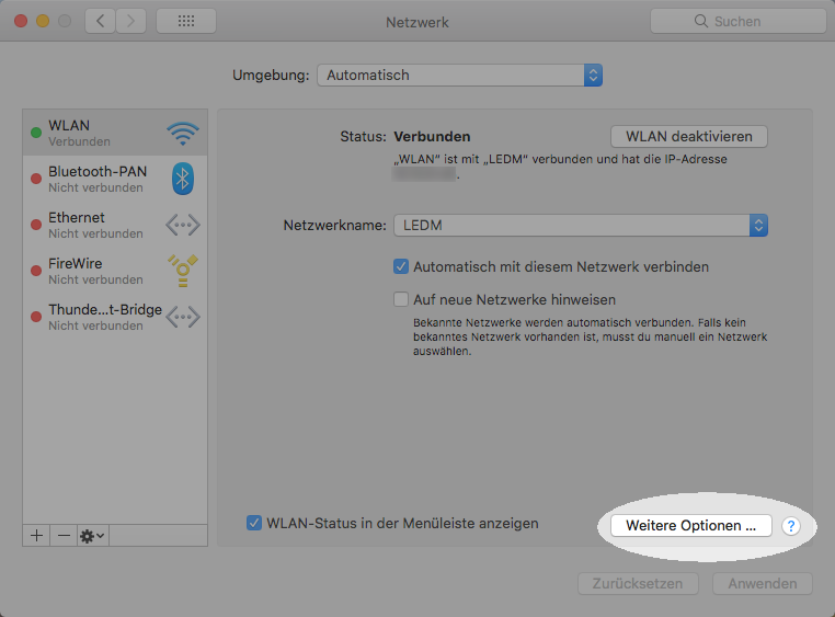 Klicke auf die Schaltfläche „Erweitert“. Konfigurieren des Proxys auf dem Mac für die Verwendung mit Bibliotheken – Schritt 3