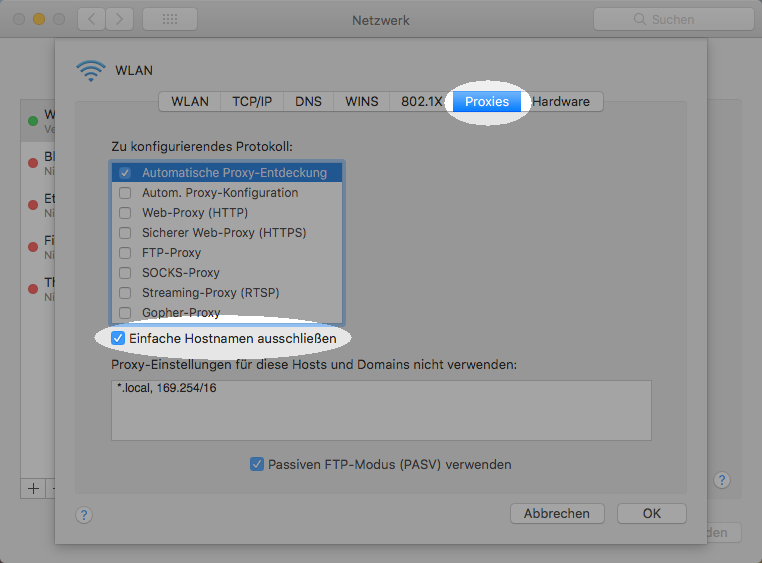 Option „Einfache Hostnamen ausschließen“ Konfigurieren des Proxys auf dem Mac für die Verwendung mit Bibliotheken – Schritt 5