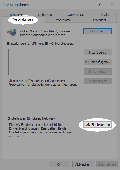 Klicke auf „LAN-Einstellungen“. Konfigurieren des Proxys unter Windows 7 für die Verwendung mit Bibliotheken – Schritt 3