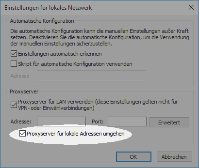 Bypass Proxy Server für die Lokale Adressen-Option Konfigurieren des Proxys unter Windows 7 für die Verwendung mit Bibliotheken – Schritt 4