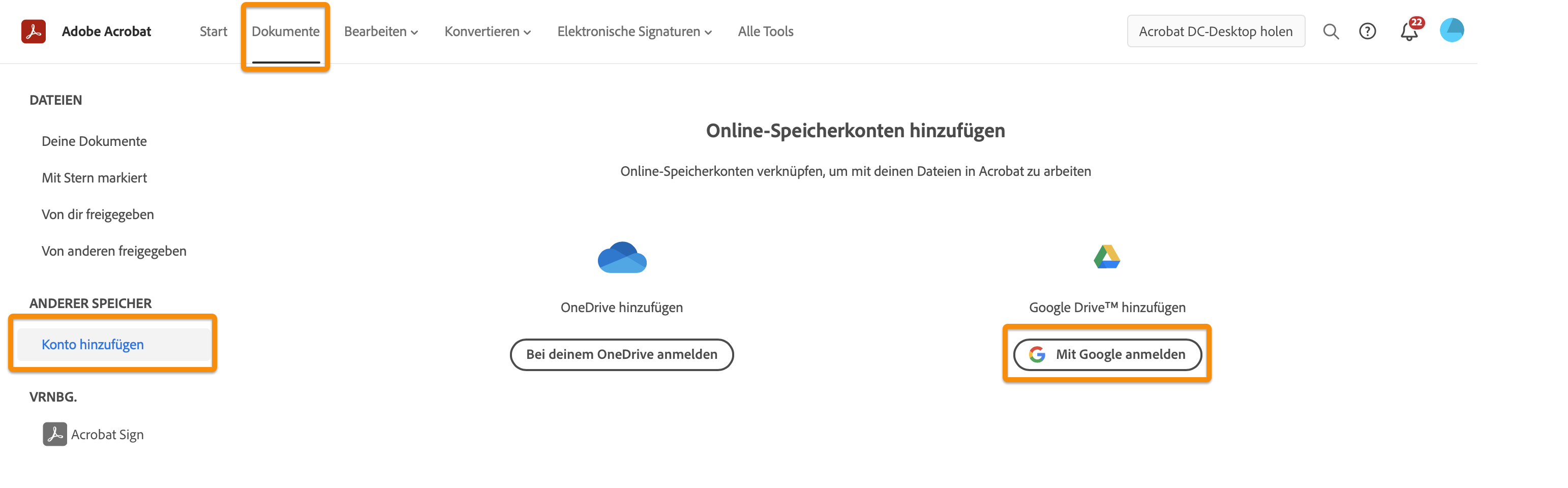 Zugriff auf deine Google DriveDateien über Acrobat Online