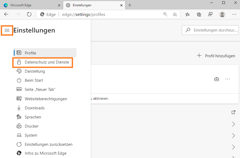 Klicken Sie auf „Datenschutz und Dienste“
