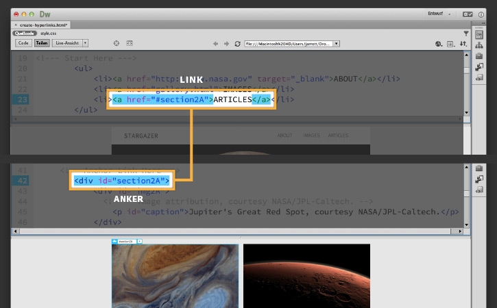 Hyperlinks in HTML erstellen, um Web-Seiten in Dreamweaver zu verknüpfen