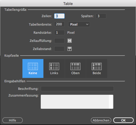 Erstellen einer Tabelle Erstellen einer Tabelle