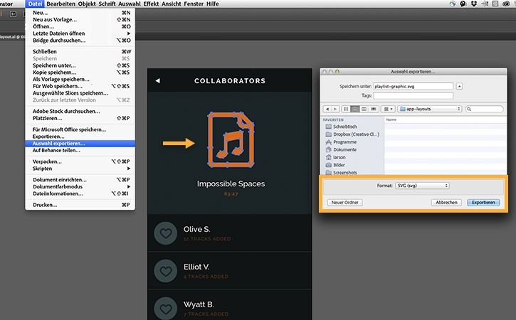 Symbol einer Musiknote ist als einziges Element ausgewählt. Die Option „Datei > Auswahl exportieren“ ist hervorgehoben. 