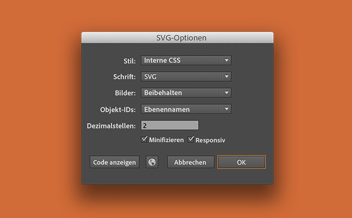 Im Menü „SVG-Optionen“ können die Einstellungen für die zu exportierende Datei geändert werden.  