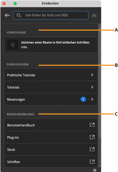 Oberfläche des Entdecken-Bedienfelds im Arbeitsbereich von Illustrator