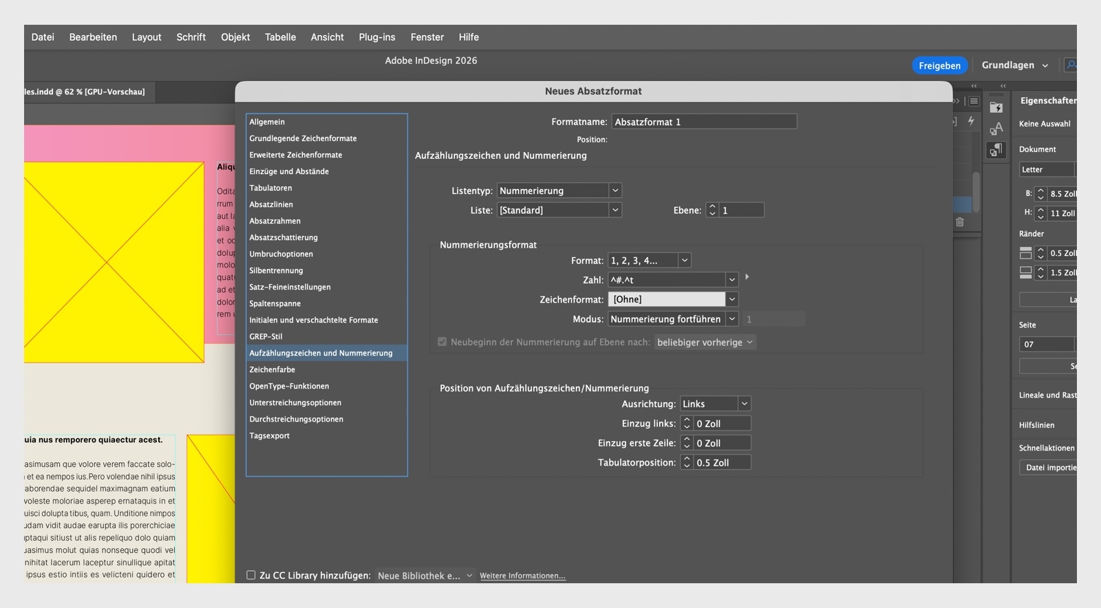 Absatzformat-Bedienfeld mit Aufzählungszeichen- und Nummerierungsoptionen zur Erstellung einer fortlaufenden Liste in Adobe InDesign.