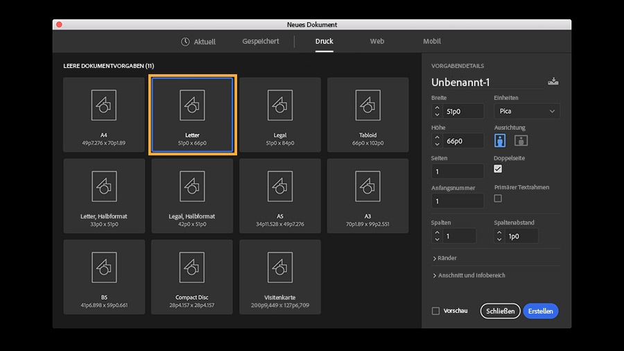 Die Dokumentart „Druck“ bietet vordefinierte Seitenformate wie A4, Letter, Legal und Tabloid. 