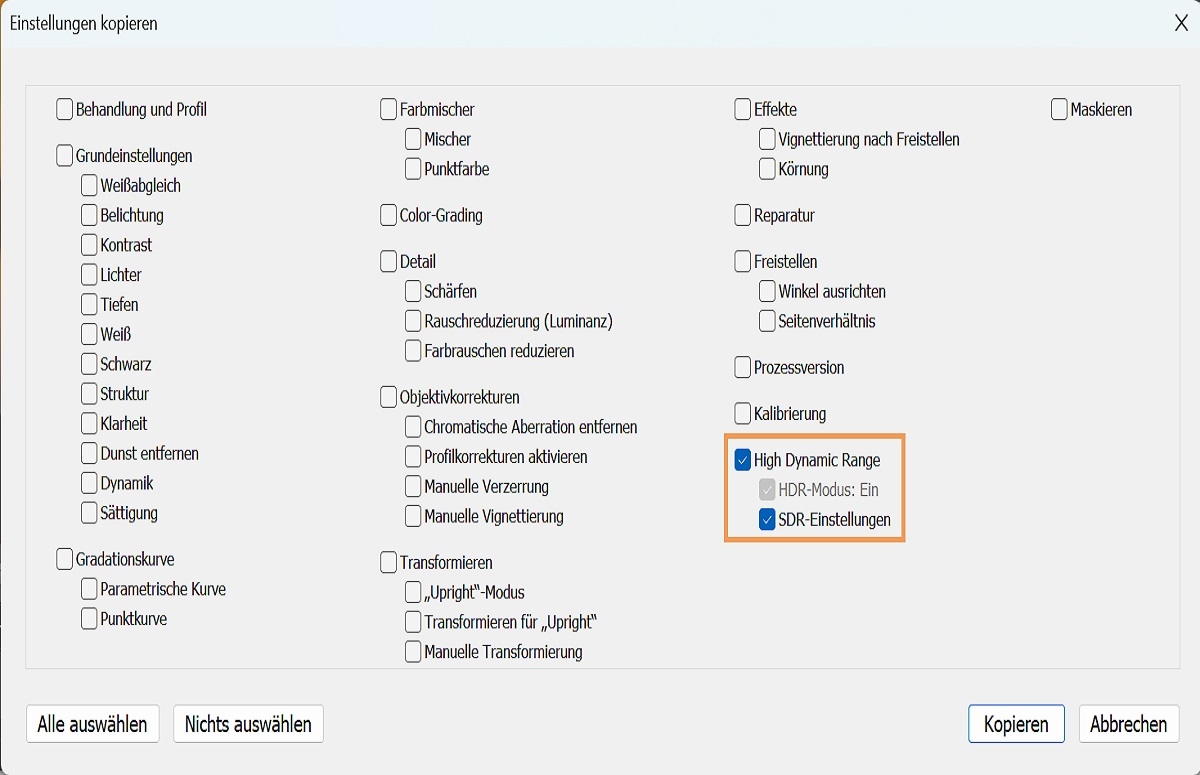 Kopieren und Einfügen von Einstellungen für HDR