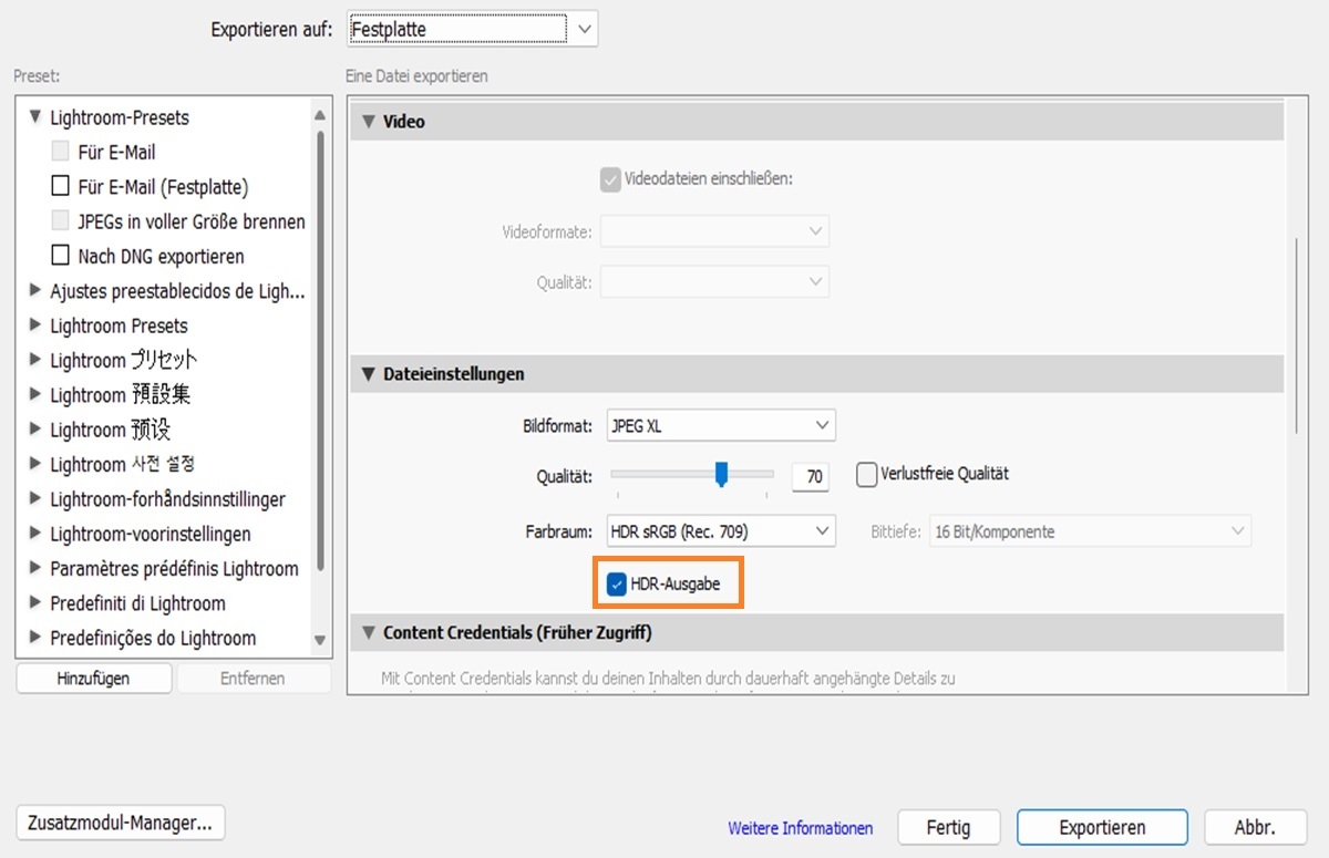 HDR-Einstellung exportieren