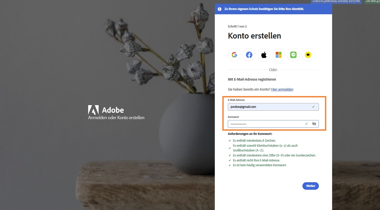 Die Adobe-Seite „Konto anlegen“ für die Registrierung mit einer E-Mail-Adresse und einem Kennwort, wobei die E-Mail-Adresse und das Kennwort eingegeben und hervorgehoben sind. 
