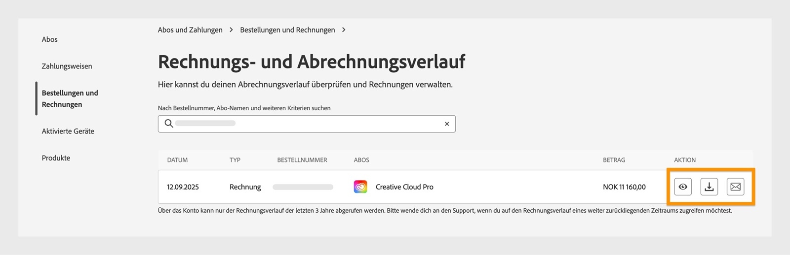 Das Fenster „Rechnung und Abrechnungsprotokoll", in dem die Symbole für Anzeigen, herunterladen und E-Mail-Adresse versenden unter „Aktion" hervorgehoben sind.