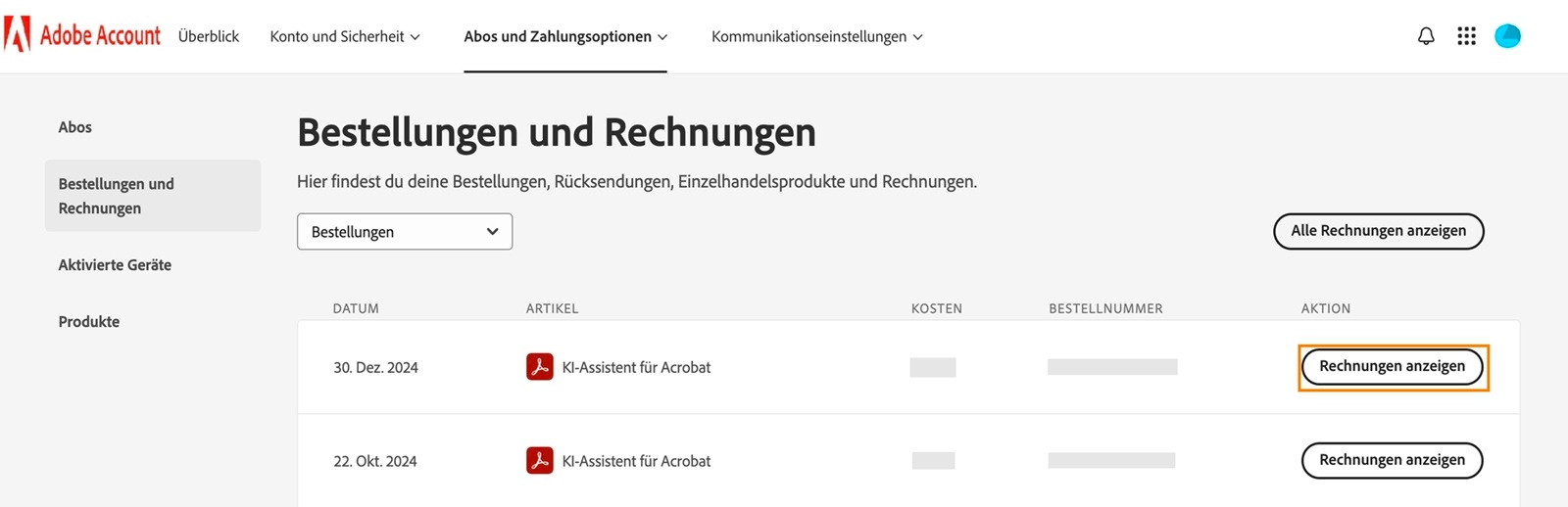 Das Fenster „Bestellungen und Rechnungen", in dem alle Bestellungen zusammen mit der hervorgehobenen Schaltfläche „Rechnungen anzeigen“ aufgelistet sind.