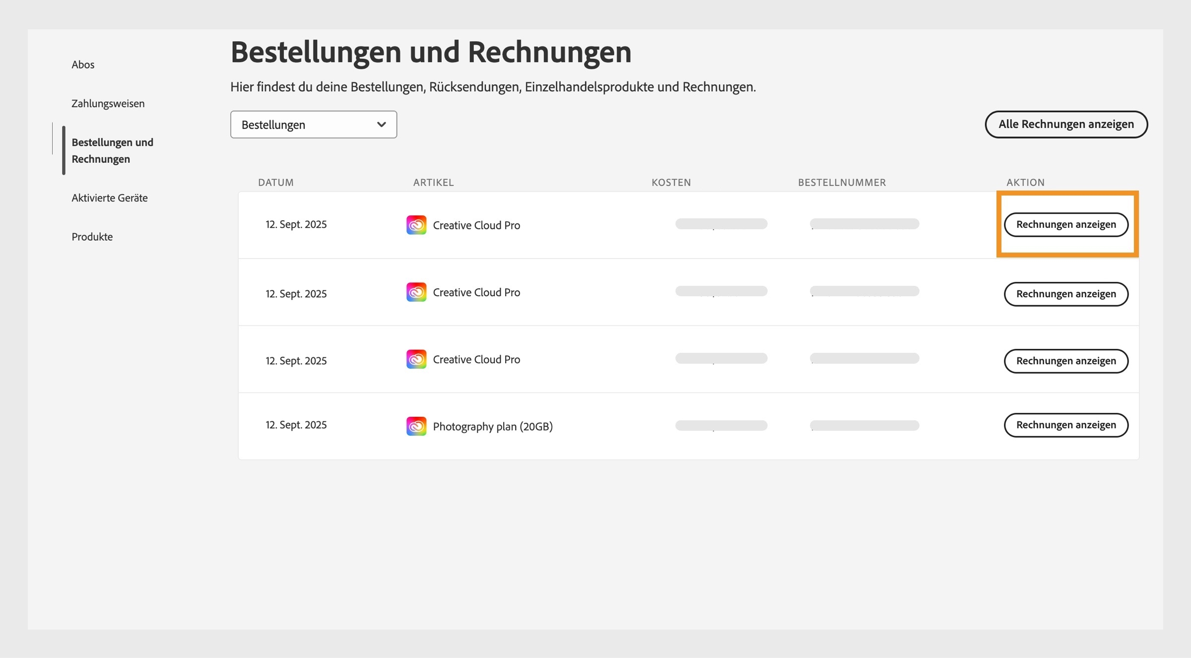 Das Fenster „Bestellungen und Rechnungen", in dem alle Bestellungen zusammen mit der hervorgehobenen Schaltfläche „Rechnungen anzeigen“ aufgelistet sind.