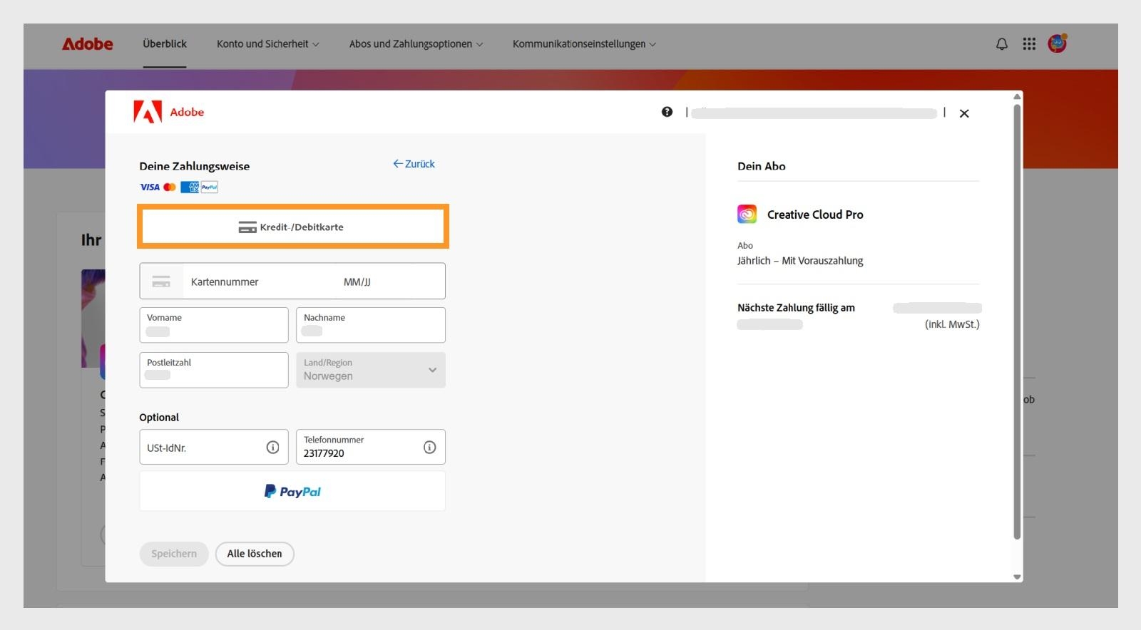 Das Fenster „Deine Zahlungsmethode" zeigt die verfügbaren Zahlungsmethoden an. Bei Auswahl einer Zahlungsmethode werden Felder zur Eingabe der Zahlungsdetails angezeigt. 