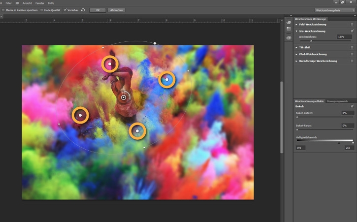 Große, weiße Punkte innerhalb des Rings definieren den Weichzeichnungsübergang von 0 (Punkte innen) bis 100 % (äußerer Ring).