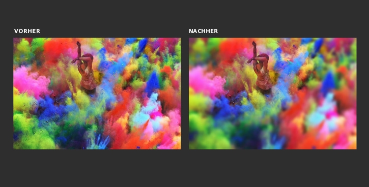 Vorher: Frau in bunter Farbwolke. Nachher: scharfe Farben um die Frau herum, unscharfe Farben außerhalb des Zielbereichs.