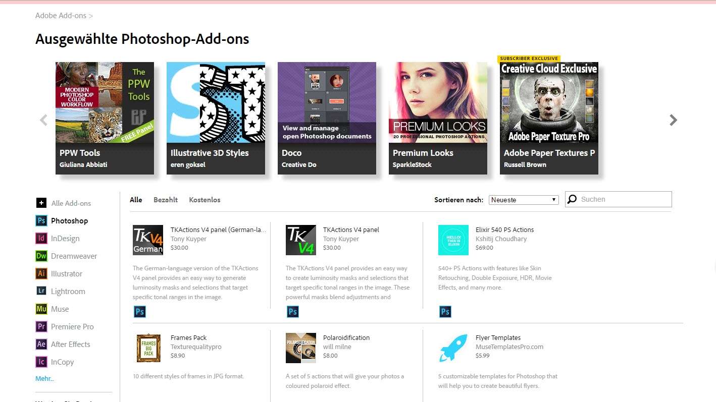 Seite mit Adobe-Add-Ons