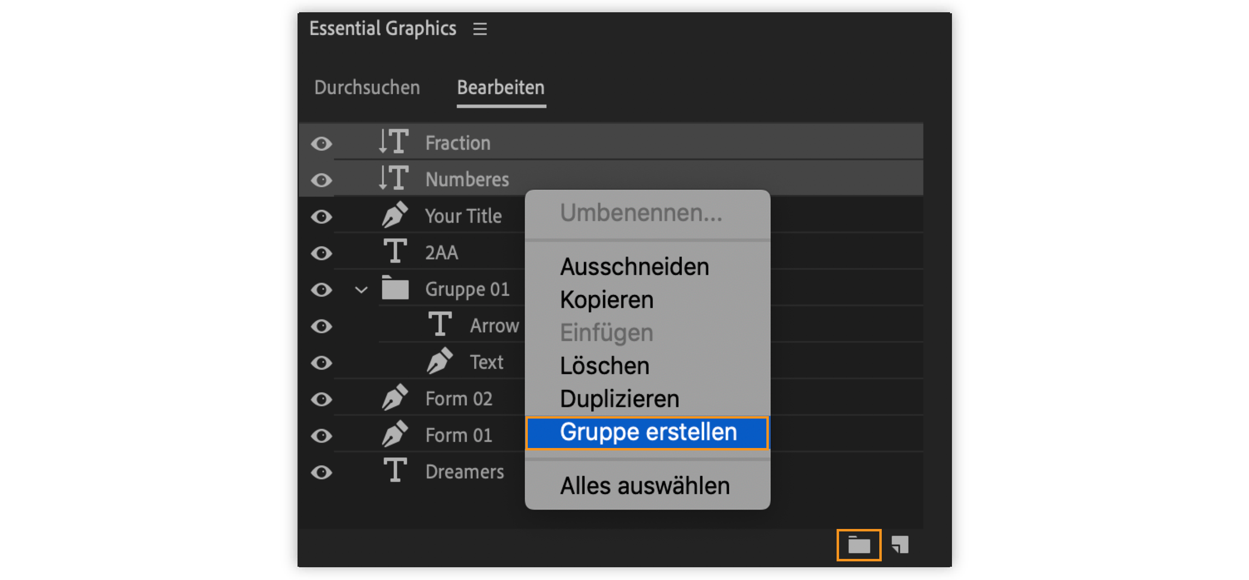 Erstellen von Gruppen mit dem Symbol Gruppe erstellen oder dem Kontextmenü