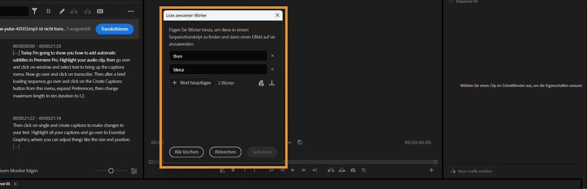 Dialogfeld „Liste zensierter Wörter“ in Premiere mit Feldern zum Hinzufügen, Importieren oder Exportieren von Wörtern zur Erkennung in einem Transkript.