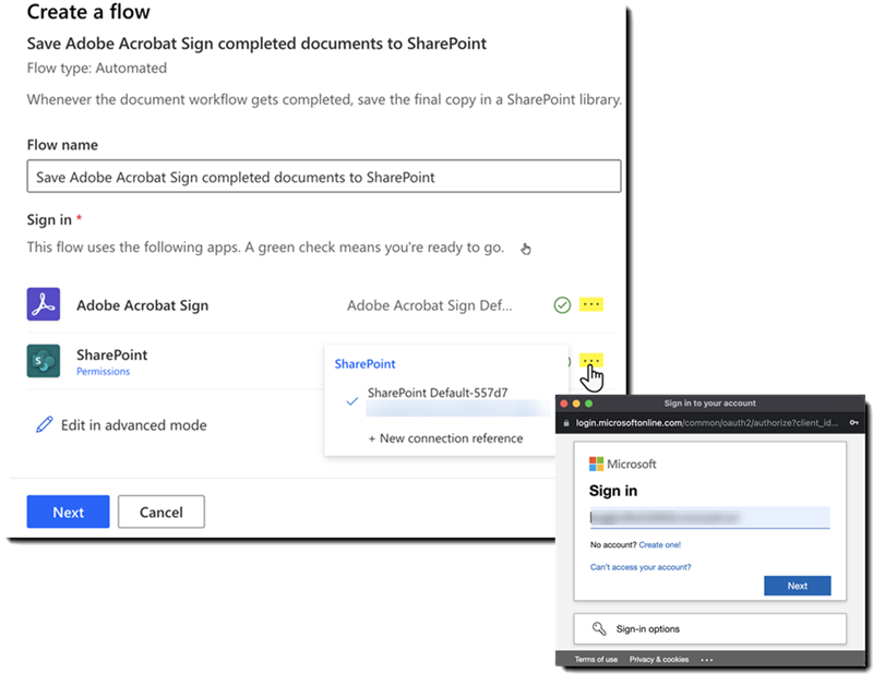 Power Automate zwischen Acrobat Sign und SharePoint mit geöffnetem Authentifizierungsfenster