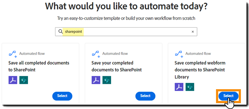 Seite „Workflow erstellen“ mit Suchergebnissen und der hervorgehobenen Schaltfläche „Start“