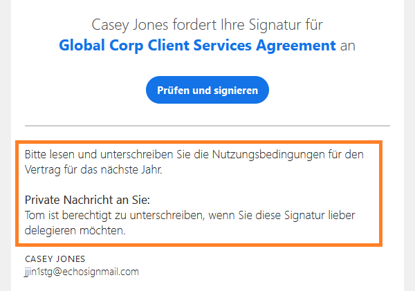 E-Mail „Überprüfen und signieren“, in der die Nachricht und die private Nachricht hervorgehoben sind