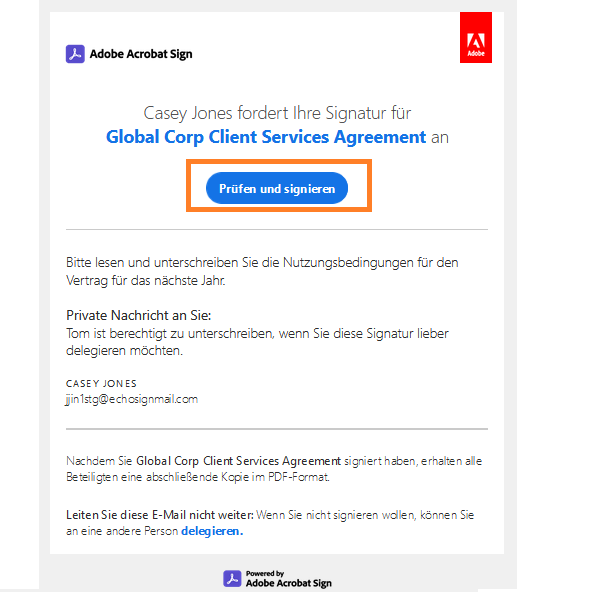 Die E-Mail „Überprüfen und signieren“ mit hervorgehobenem Link