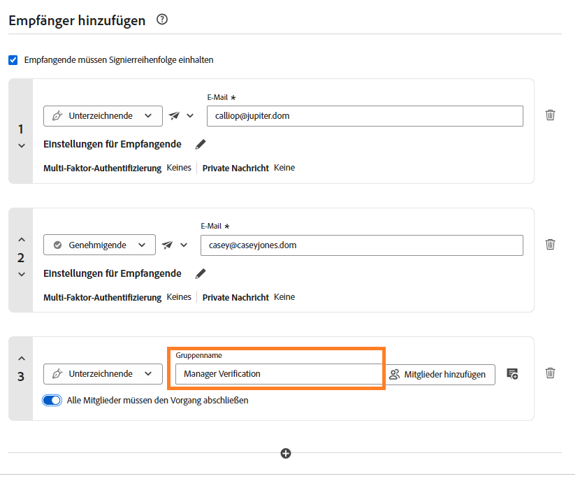 Abschnitt „Empfangende hinzufügen“ in „Signaturen anfordern“ mit hervorgehobenem Gruppenmitglied sowie Gruppennamen