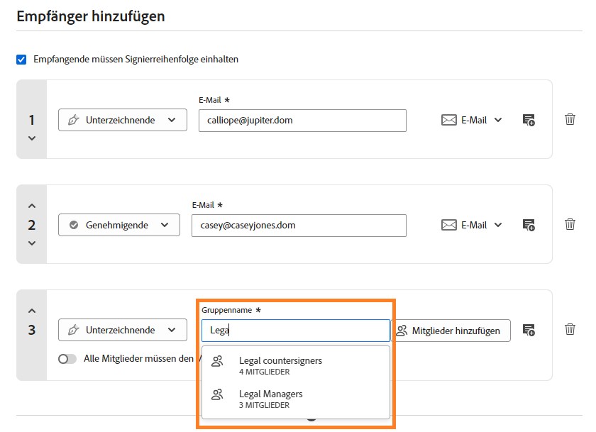 Der Abschnitt „Empfangende hinzufügen“ mit einem hinzugefügten Gruppennamen und der daraus resultierenden Liste von Gruppen.