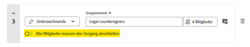 Abschnitt „Empfangende hinzufügen“ in „Signaturen anfordern“ mit markiertem Umschalter „Alle Mitglieder müssen abschließen“
