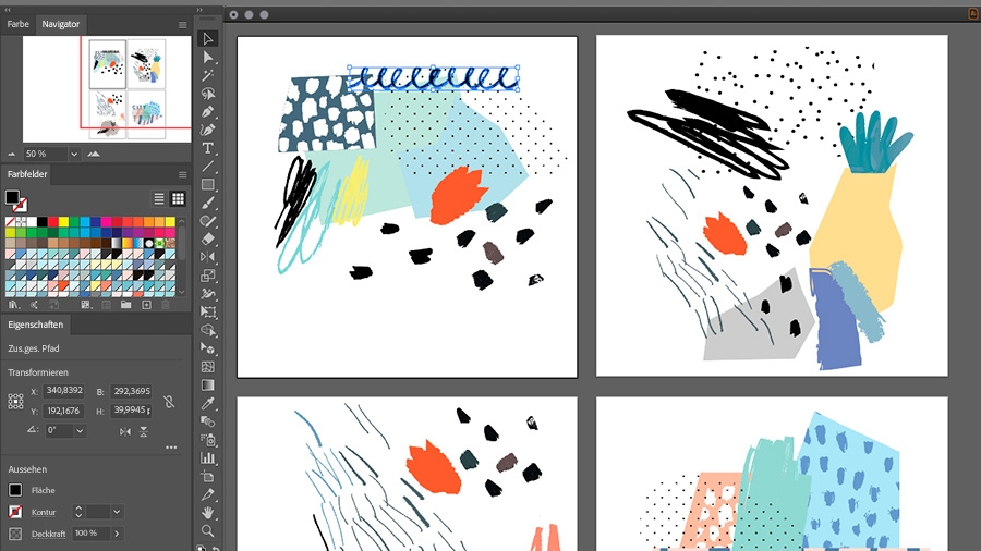 Mehrere Zeichenflächen in Illustrator mit verschiedenen handgezeichneten Vektorgrafiken